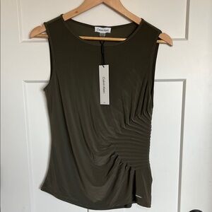 Calvin Klein Olive Green Sleeveless Side-Ruched Tank -note damage cut on back